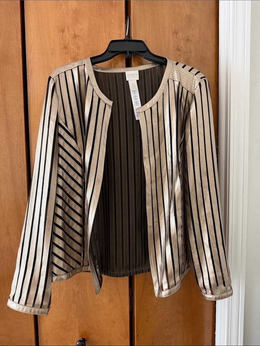 Chico's Metallic Gold and Black Striped Open Front Jacket